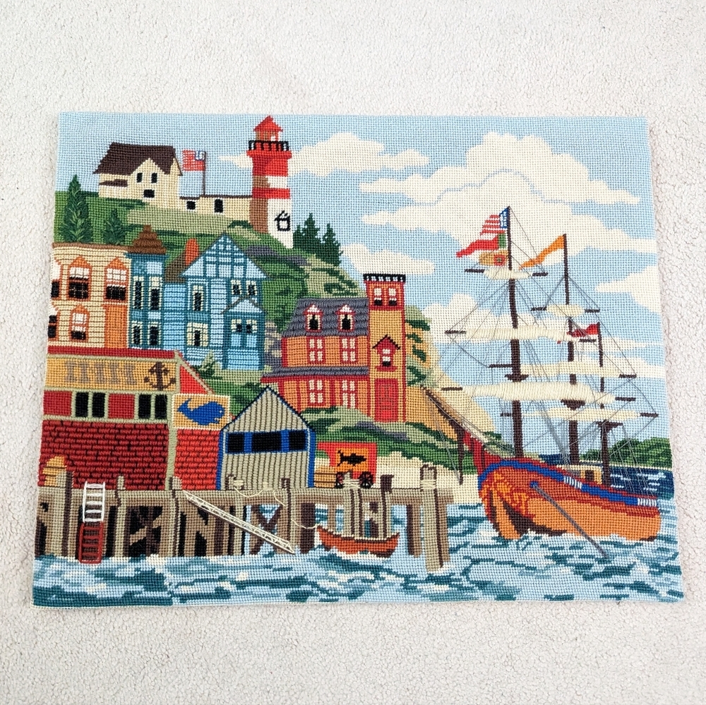 Vintage 1979 New England Shore town Needlepoint Embroidery Seascape Art